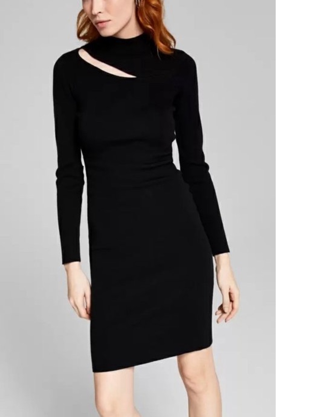 Sleek Black Long-Sleeve Cutout Knit Dress, Bodycon, Goth, Party, Knit, Fall